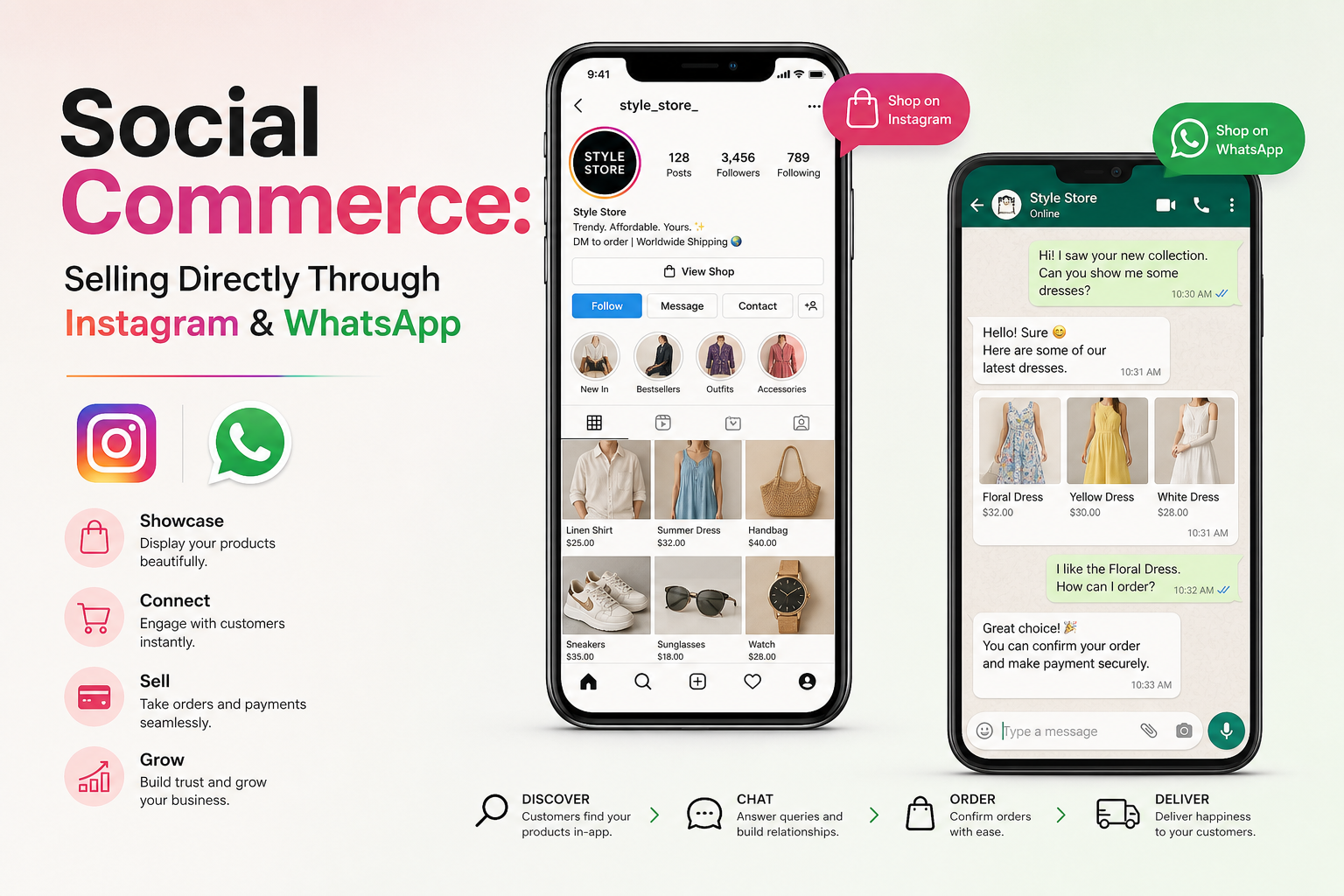 Illustration of social commerce on Instagram and WhatsApp